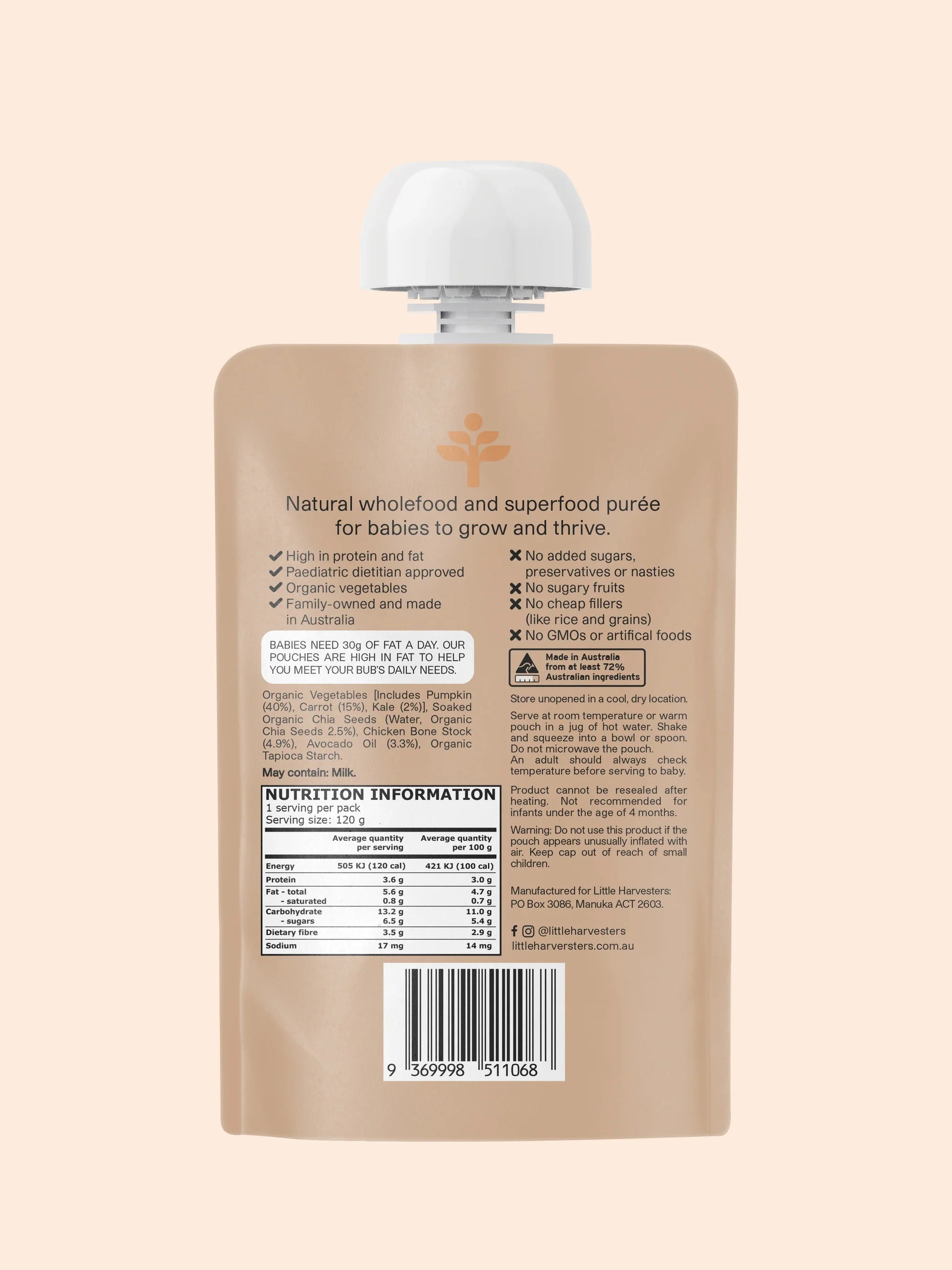 Puree Pouch - Pumpkin, carrot, kale, chia seeds and bone broth with avocado oil 120g - Sown