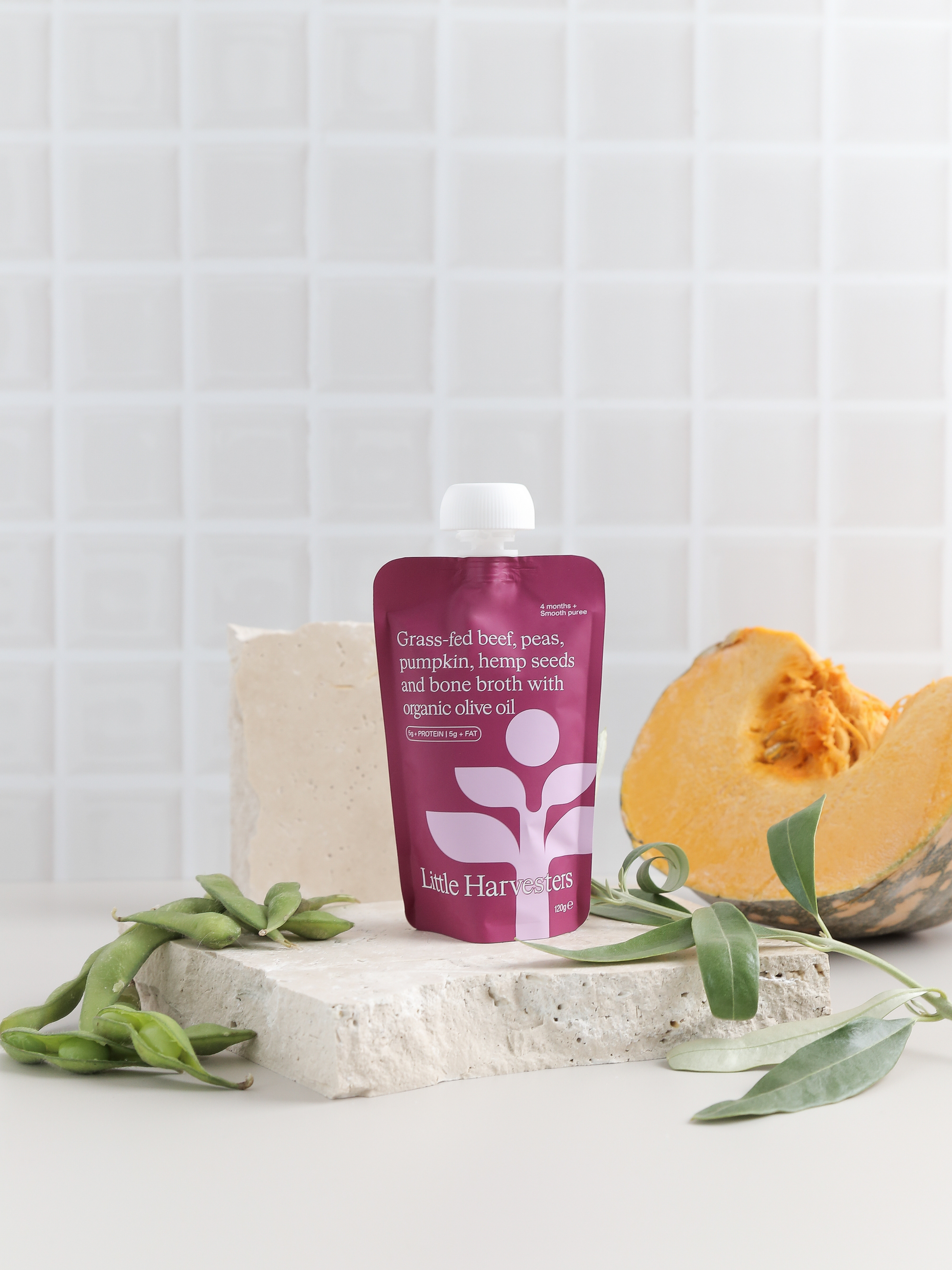Puree Pouch - Grass-fed beef, peas, pumpkin, hemp seeds and bone broth with organic olive oil 120g LITTLE HARVESTERS