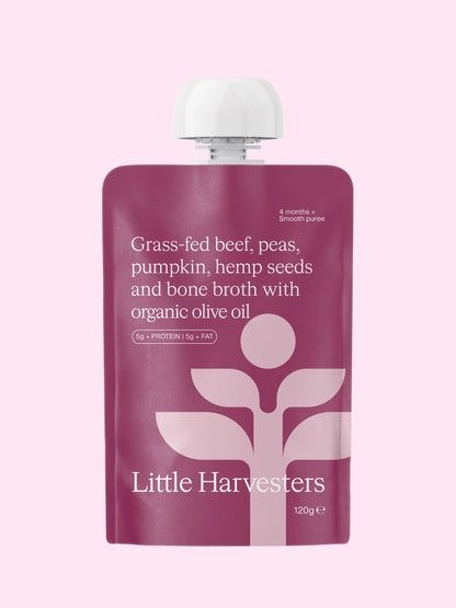 Puree Pouch - Grass-fed beef, peas, pumpkin, hemp seeds and bone broth with organic olive oil 120g LITTLE HARVESTERS
