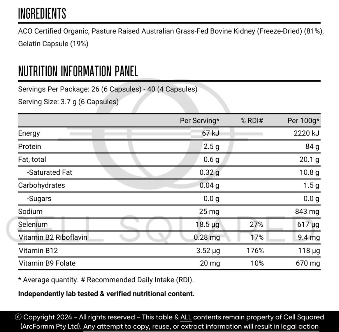Organic Grass Fed Kidney Capsules Cell Squared